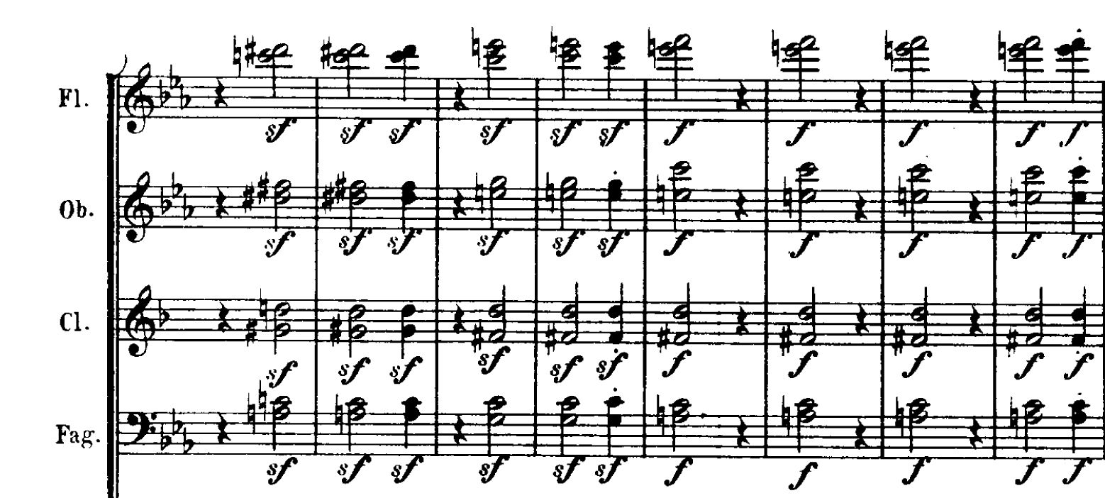 雖然，貝多芬的音樂植根於維也納的傳統曲式和結構，但他卻毫不猶疑地，將極不協和的音強而有力地曝露人前。圖為第三交響曲中發展部的選段。