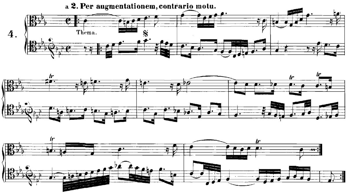 《音樂的獻禮》中其中一首卡農曲，須「將音符時值增長及鏡像倒行。」在題獻予腓德烈大帝的手稿中，巴赫更寫道：「願吾皇之國運如音符時值般與日俱增。」