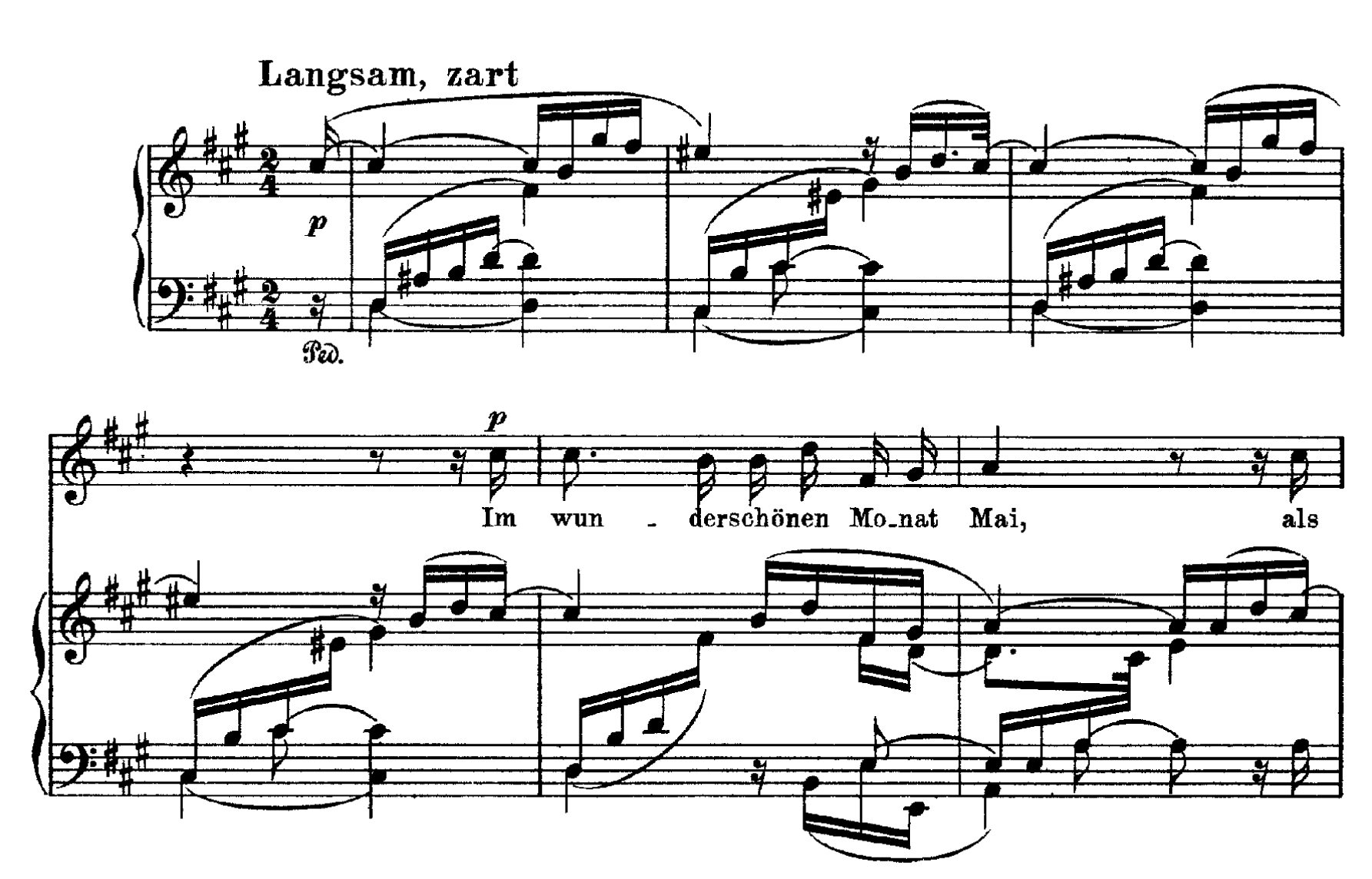舒曼沉迷於細微的意念，這些意念在藝術歌曲中，呈現出獨特的詩意。在《詩人之歌》(Dichterliebe) 的第一首歌曲，小調的鋼琴與大調的人聲，富有懸念地打開了那迷幻般美麗的五月。