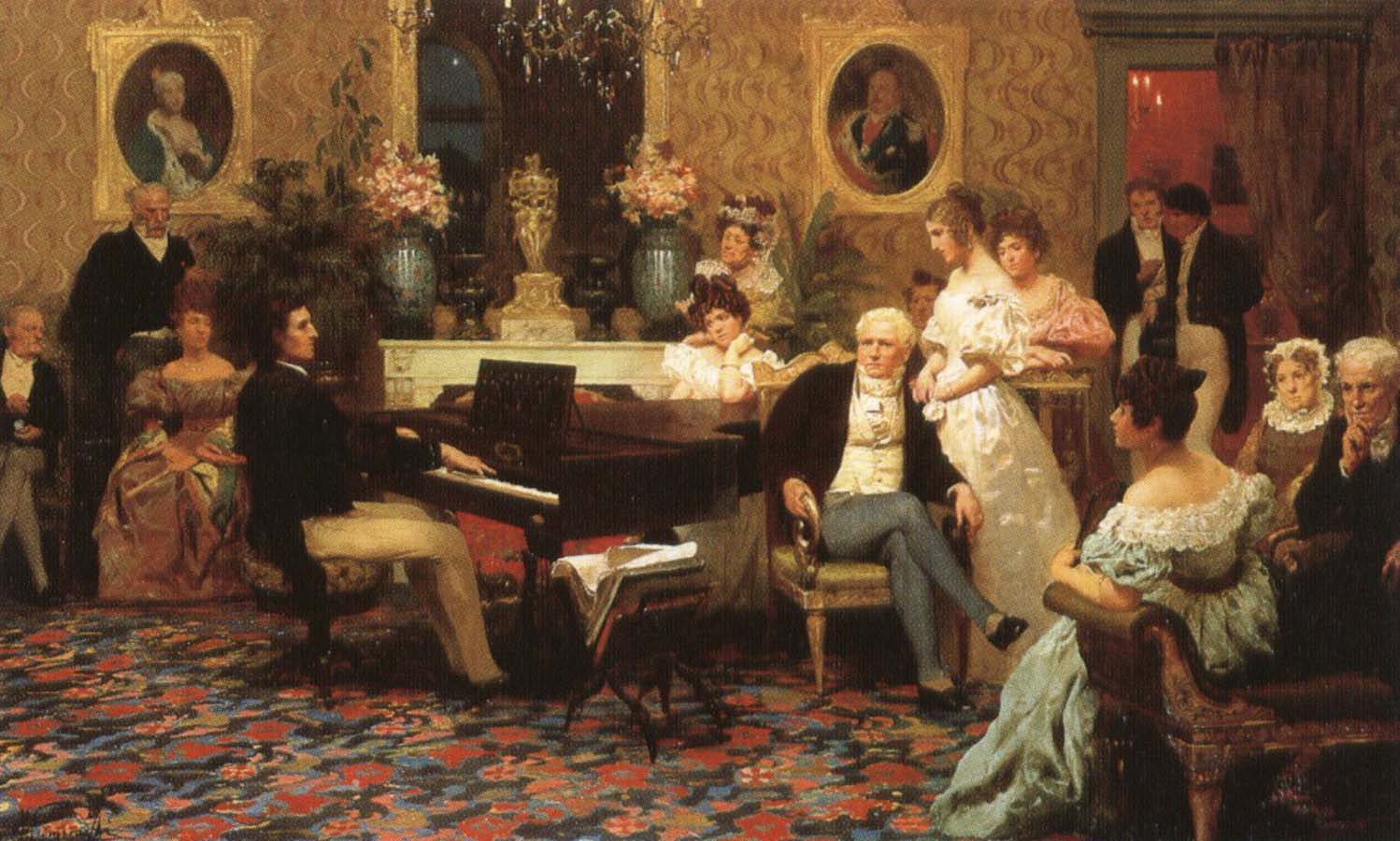 相比起在偌大的劇院面對全都不認識的觀眾，蕭邦比較喜歡較親密的演奏空間，所以他常在沙龍 (salon) 中演出。