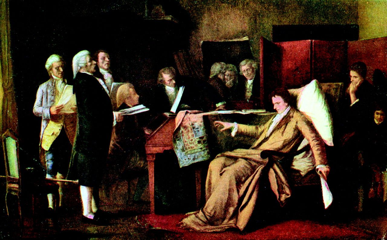 莫扎特 1791 年 11 月已經長時間躺在床上。十九世紀後期，畫家都以莫扎特拿着《安魂曲》的手稿，與眾友人試唱的情景為繪畫的靈感。圖為 1888 年穆卡西斯的作品。